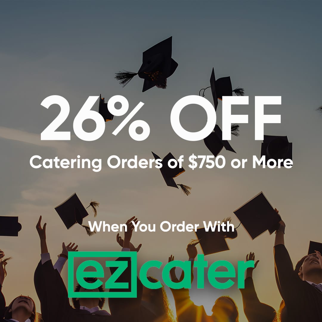 Graduation celebration scene with caps in the air and overlay text: '26% OFF Catering Orders of $750 or More When You Order With ezCater' (brand logo at bottom).